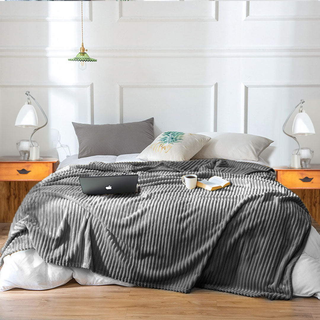NNEAGS GreyThrow Blanket Warm Cozy Striped Pattern Thin Flannel Coverlet Fleece Bed Sofa Comforter-2