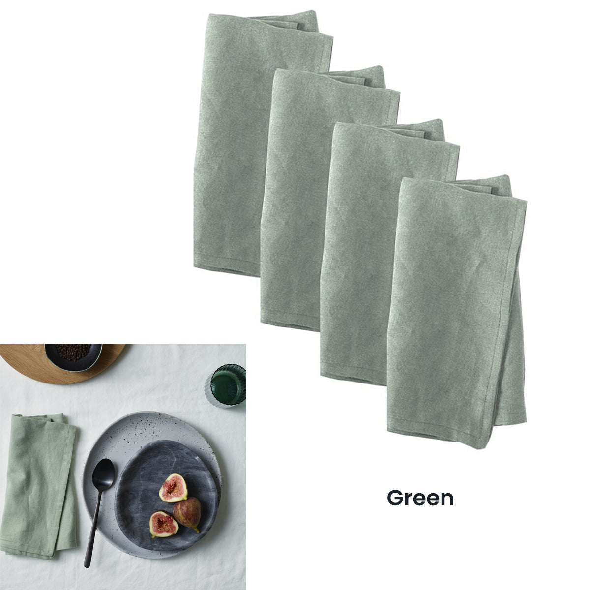 NNEDSZ Vintage Design Homewares Set of 4 Washed Linen Cotton Square Napkins Green 50cm x 50cm-1