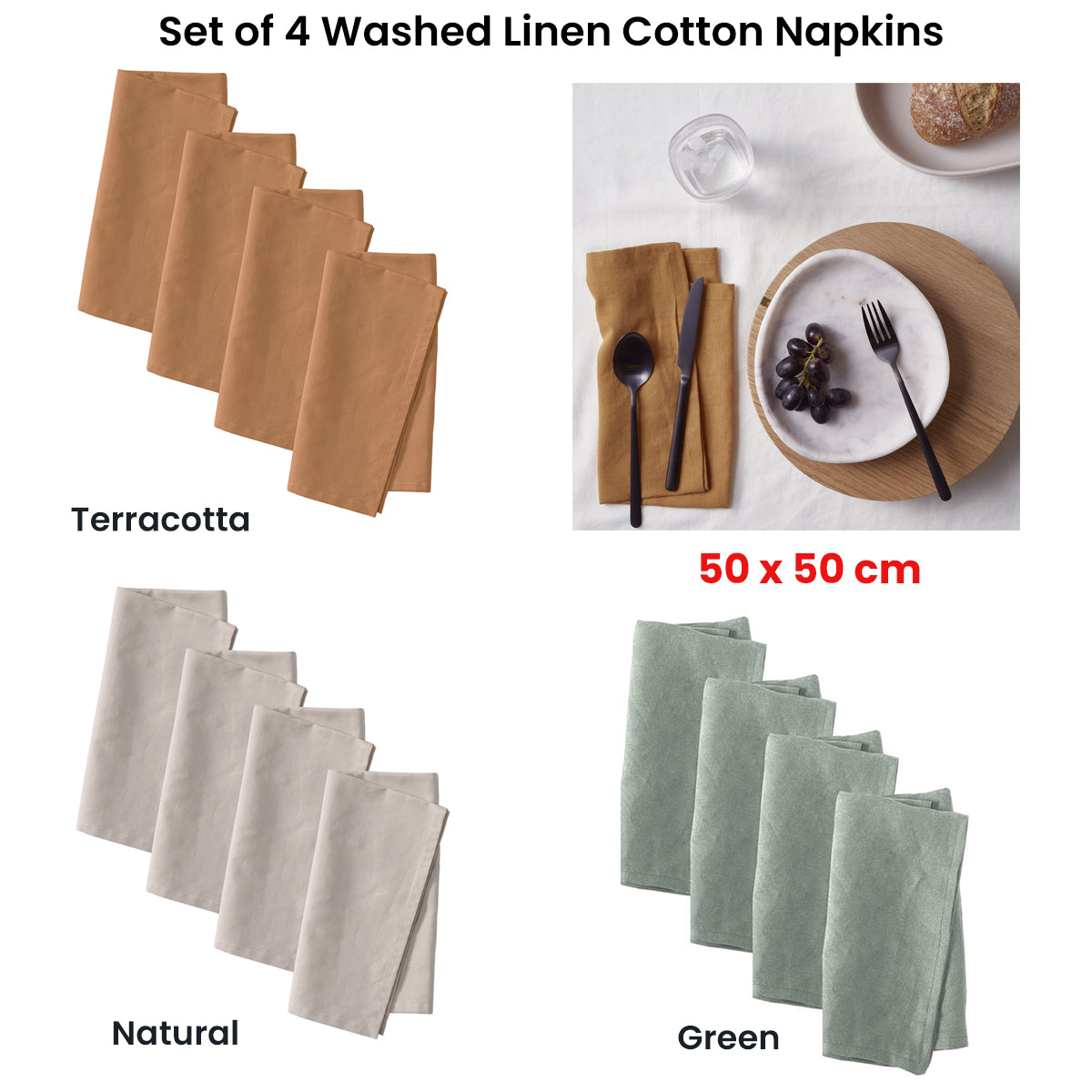 NNEDSZ Vintage Design Homewares Set of 4 Washed Linen Cotton Square Napkins Green 50cm x 50cm-2
